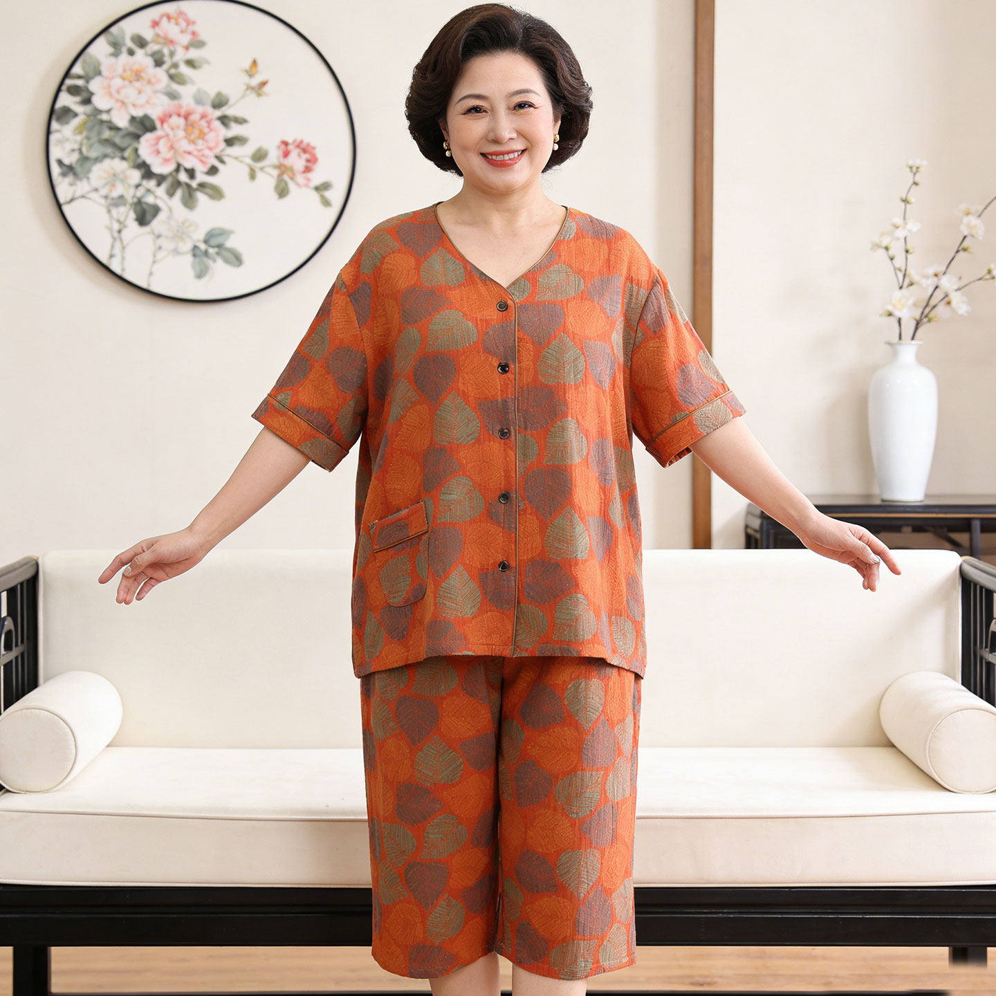 纯棉夏季睡衣女大码200斤中老年妈妈双层棉纱薄款短袖家居服全棉