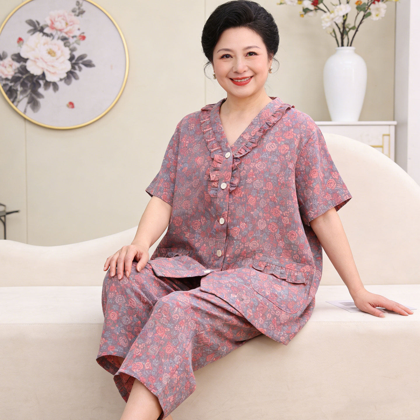 二百斤大码纯棉睡衣女款夏季双层棉纱中老年妈妈宽松家居服200斤