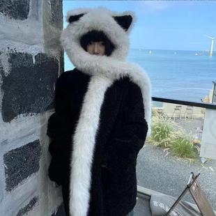 挡风帽子女款加厚防寒毛绒狐狸耳朵帽子女冬季围巾一体新款保暖显