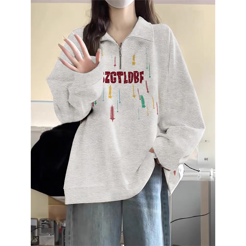 美式复古半拉链polo领卫衣女2025春秋薄款宽松懒风正肩长袖上衣