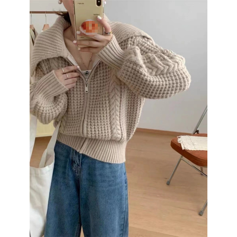 短款高腰翻领秋冬开衫女针织衫外搭拉链针织毛衣外套宽松粗线加厚