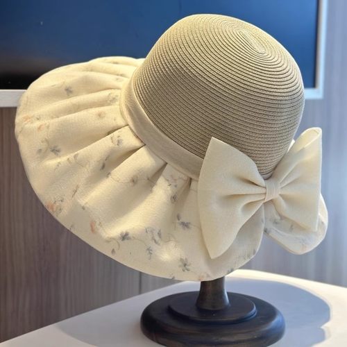 水墨中国风渔夫帽子女春夏季防晒遮阳帽透气印花蝴蝶结拼接太阳帽