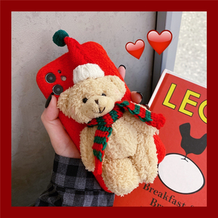 圣诞节小熊毛绒适用15苹果14手机壳13新款iPhone15promax秋冬天11毛茸茸xr女8plus防冻xs可爱12mini红色新年7