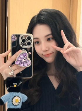 徐艺洋同款适用于小米15手机壳红米k80紫色闪钻爱心支架k70镜面note13pro小众14高级感12气质k60链条40新款女