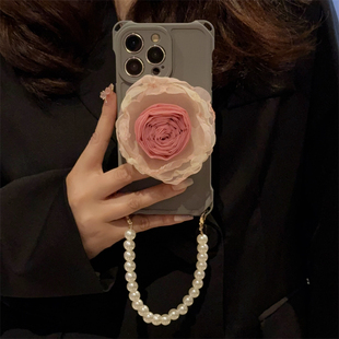 气质粉枯山茶花玫瑰支架适用于小米15超好看14手机壳红米k70四角开孔k60带挂绳k50女note13pro新款12斜挎防摔