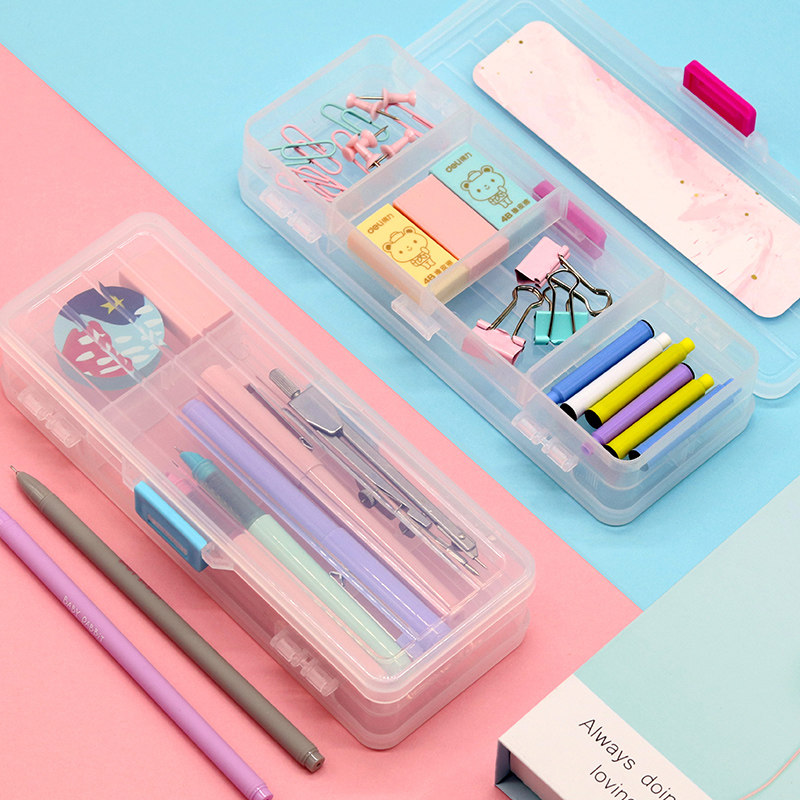 透明笔盒考试用双层文具盒女小学生可爱笔袋少女心男创意网红铅笔盒大容量多功能塑料盒子马克笔收纳盒整理盒
