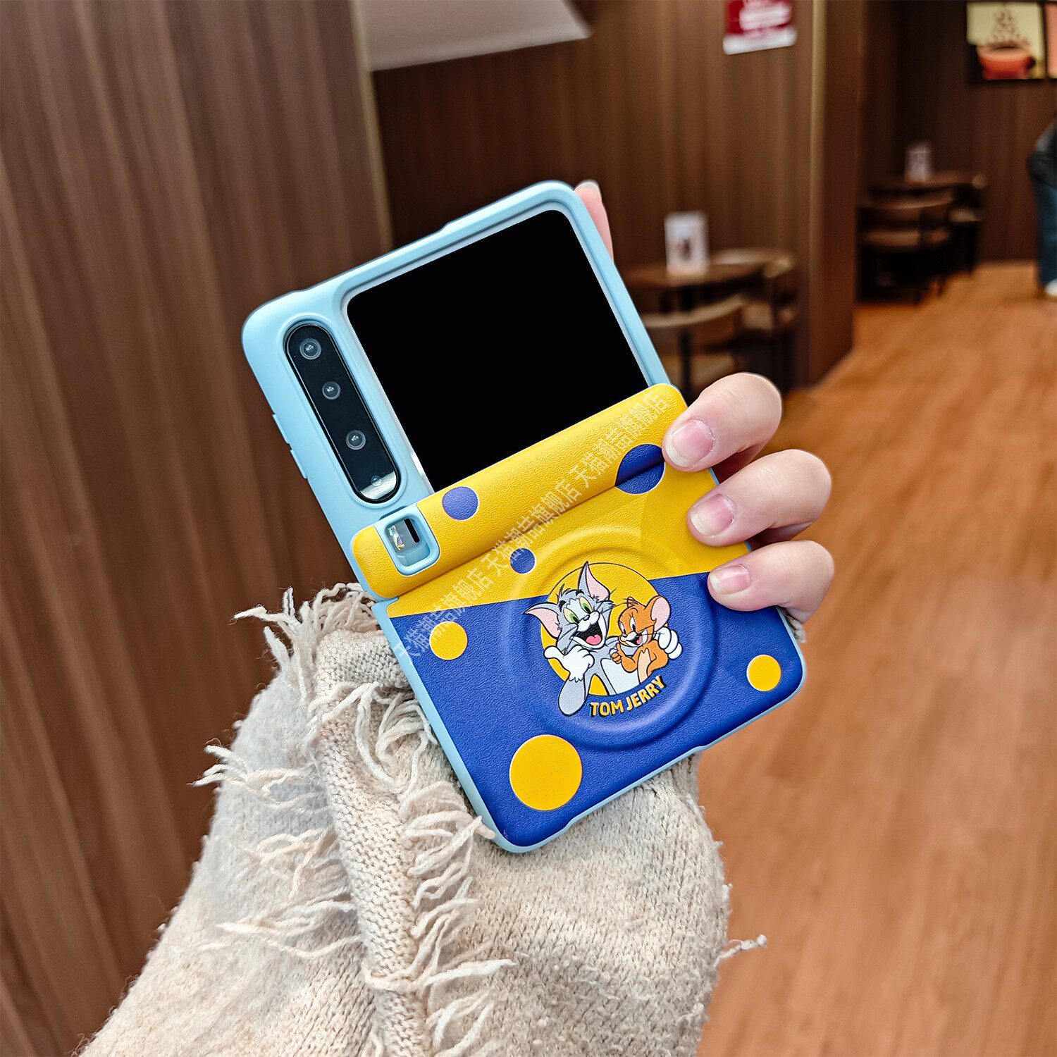 适用华为purax全包中轴折叠手机壳新款小米flip2卡通猫咪老鼠原创定制皮纹可爱创意车载磁吸无线充防摔保护