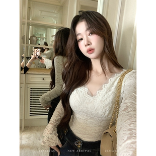 【蕾丝控】皮草内搭V领磨毛长袖上衣女秋冬拼接外穿打底衫上衣