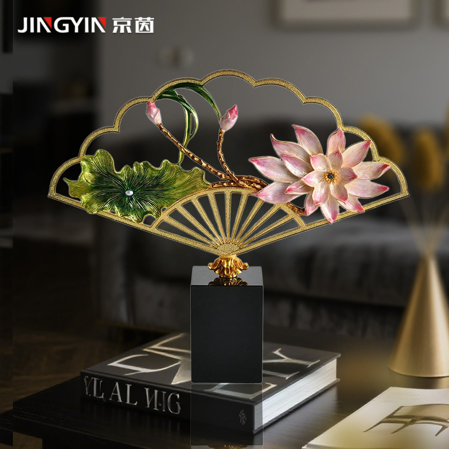 新中式扇形荷花摆件中国风