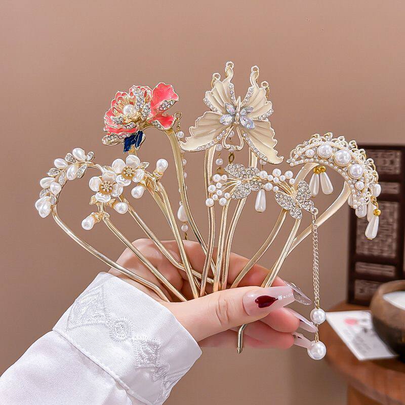 新中式牡丹花步摇流苏u型发簪子女感盘发钗汉服旗袍古风配饰