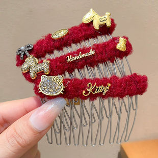新年红色毛绒小马倒插梳发夹女甜美侧边碎发刘海夹高颅顶发卡头饰