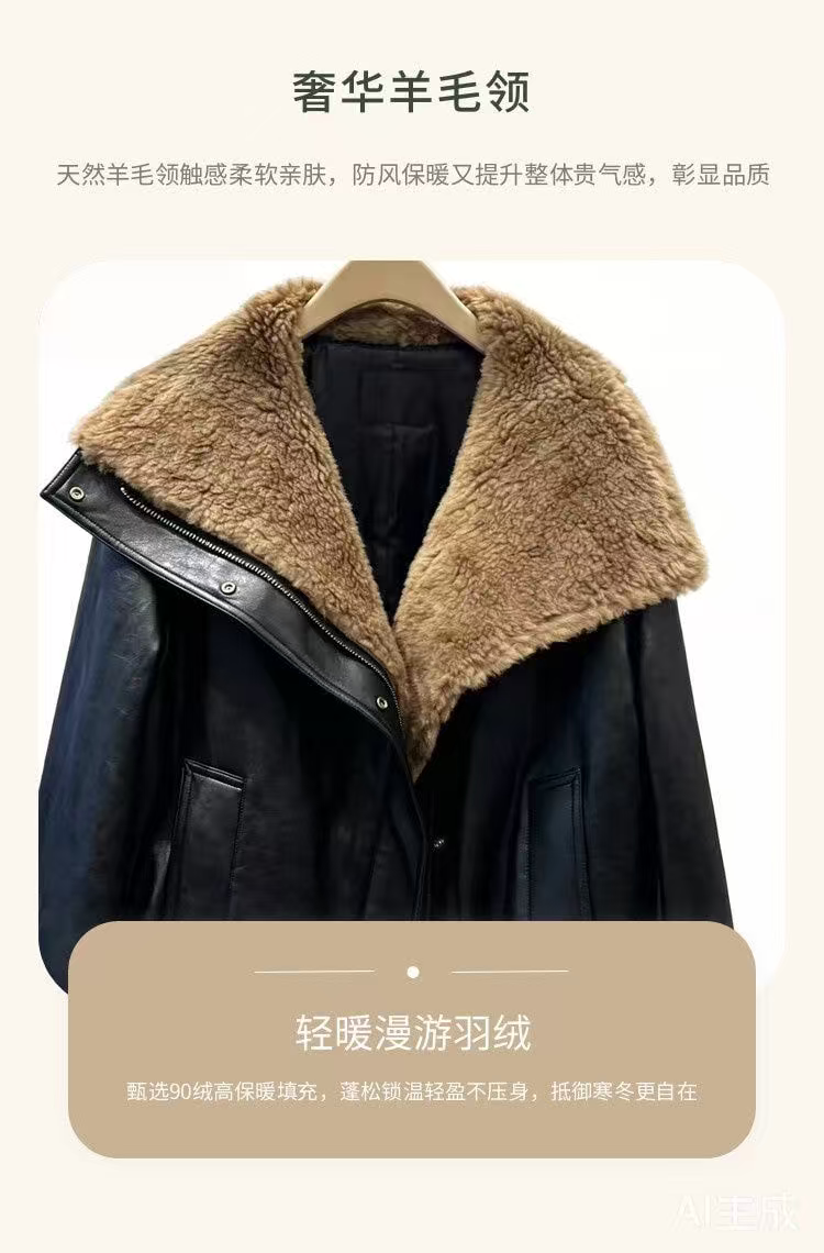 正品2025款90绒羊毛领素皮拼接羽绒服【轻暖漫游羽绒】MBE4EIN034