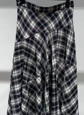 正品半身裙2025秋新品含绵羊毛人丝格纹不规则大裙摆MBE3SKT039