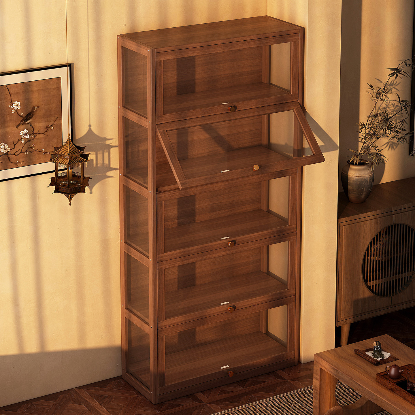 实木书架落地置物架一体靠墙展示柜书柜家用客厅中古风收纳储物柜,住宅家具,单个书柜,淘宝优惠券,粉丝福利购,淘宝优惠卷