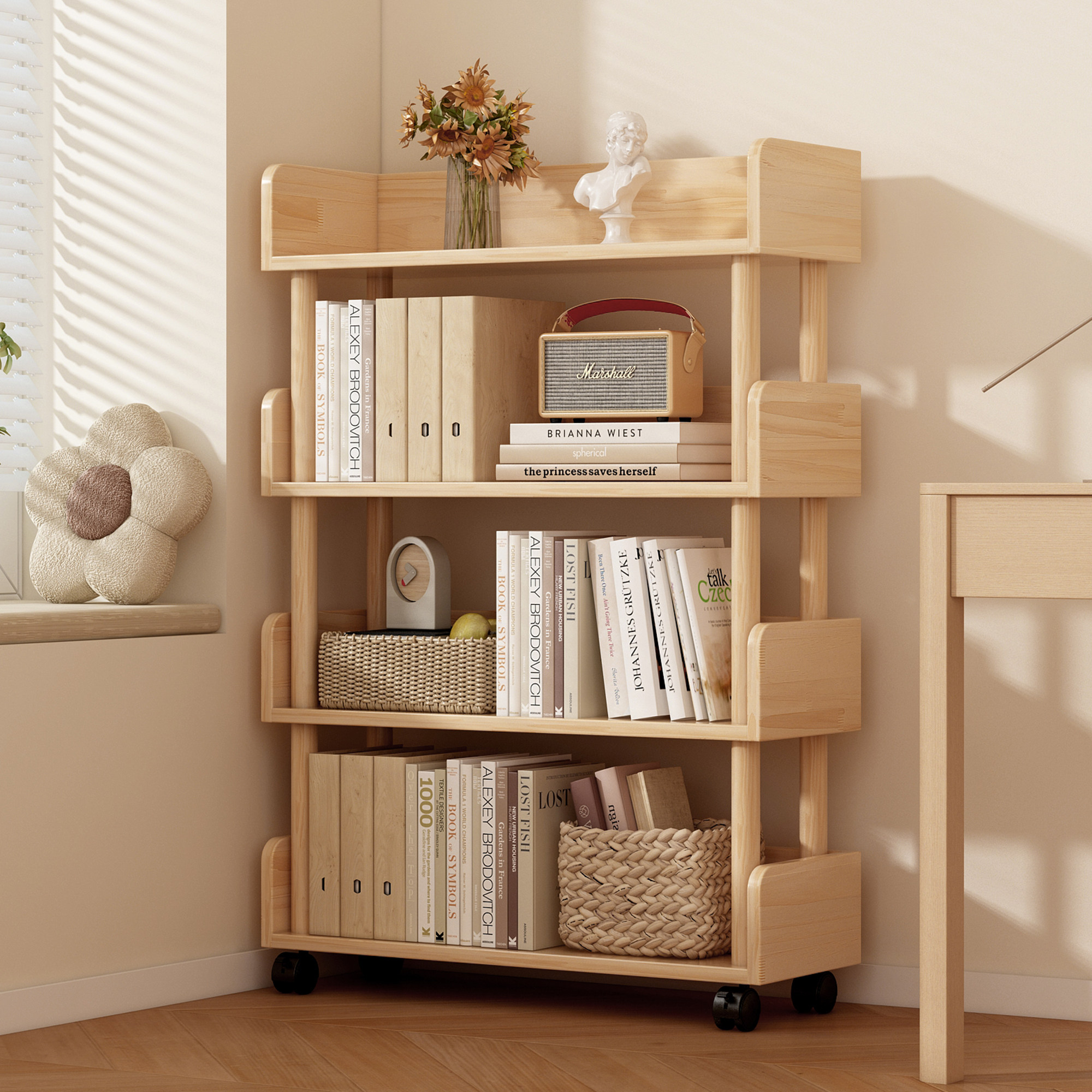 实木书架可移动置物架落地学生收纳架家用靠墙零食小推车简易书柜,收纳整理,整理架/置物架/收纳架,淘宝优惠券,粉丝福利购,淘宝优惠卷
