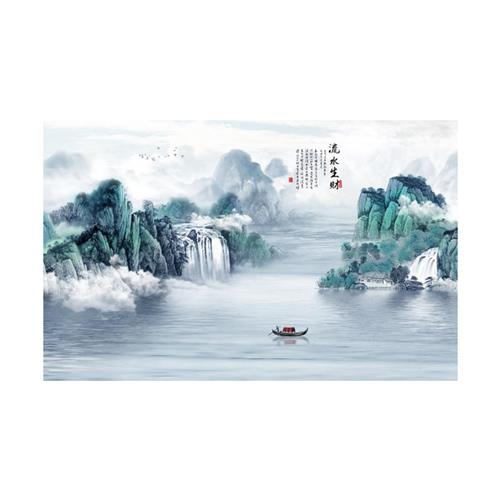 流水生财壁画新中式电视背景墙纸3D水墨壁纸山水书房客厅沙发墙布