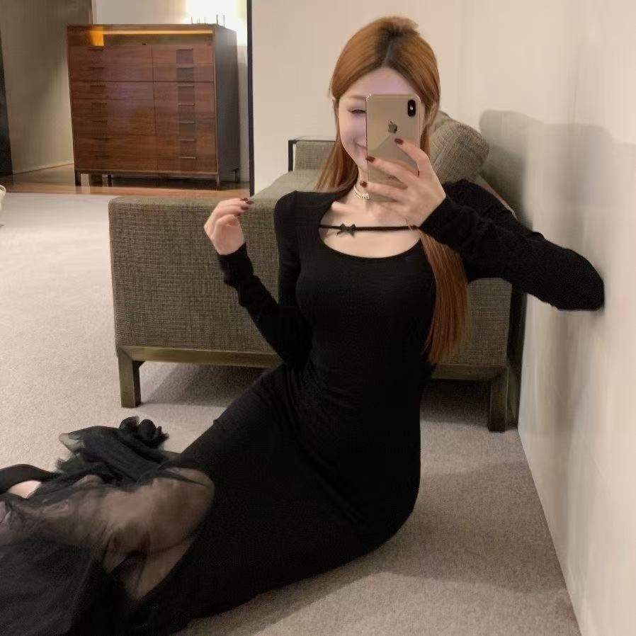 黑色鱼尾连衣裙女春季修身显瘦包臀裙法式小众设计感绝美网纱长裙