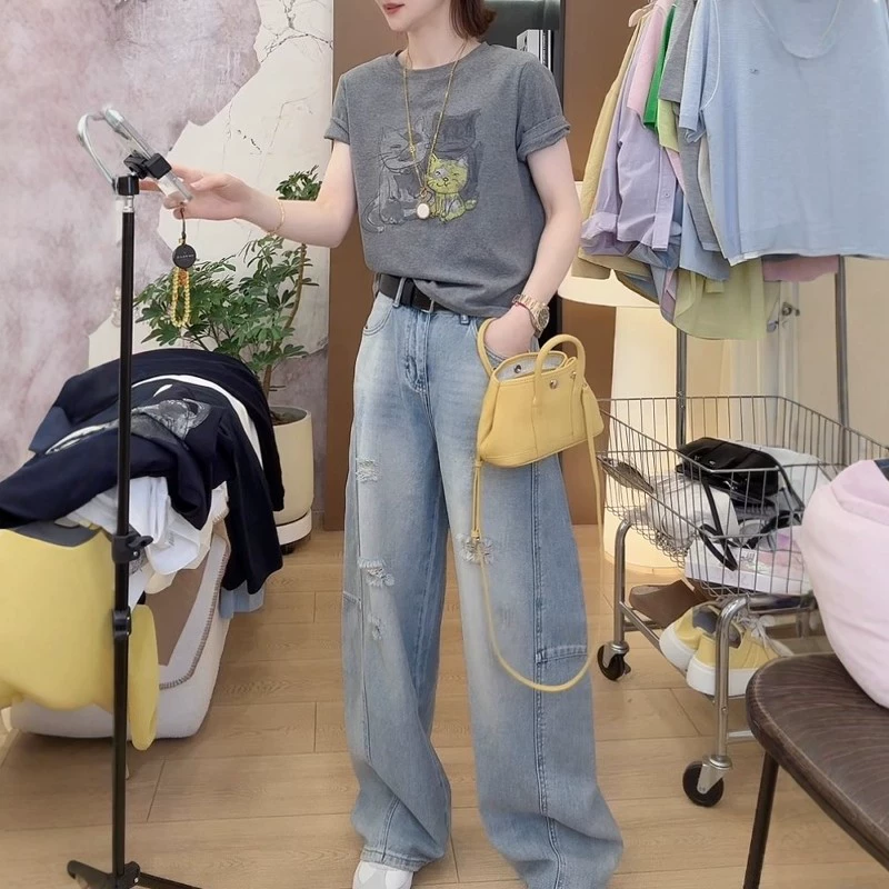 纯棉猫咪印花短袖T恤女2026年夏季新款大码胖mm显瘦上衣正肩体恤