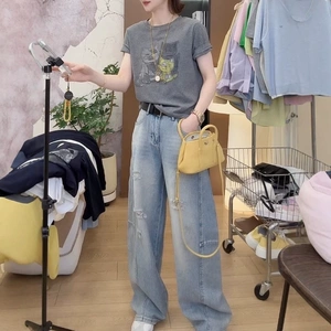 纯棉猫咪印花短袖T恤女2026年夏季新款大码胖mm显瘦上衣正肩体恤