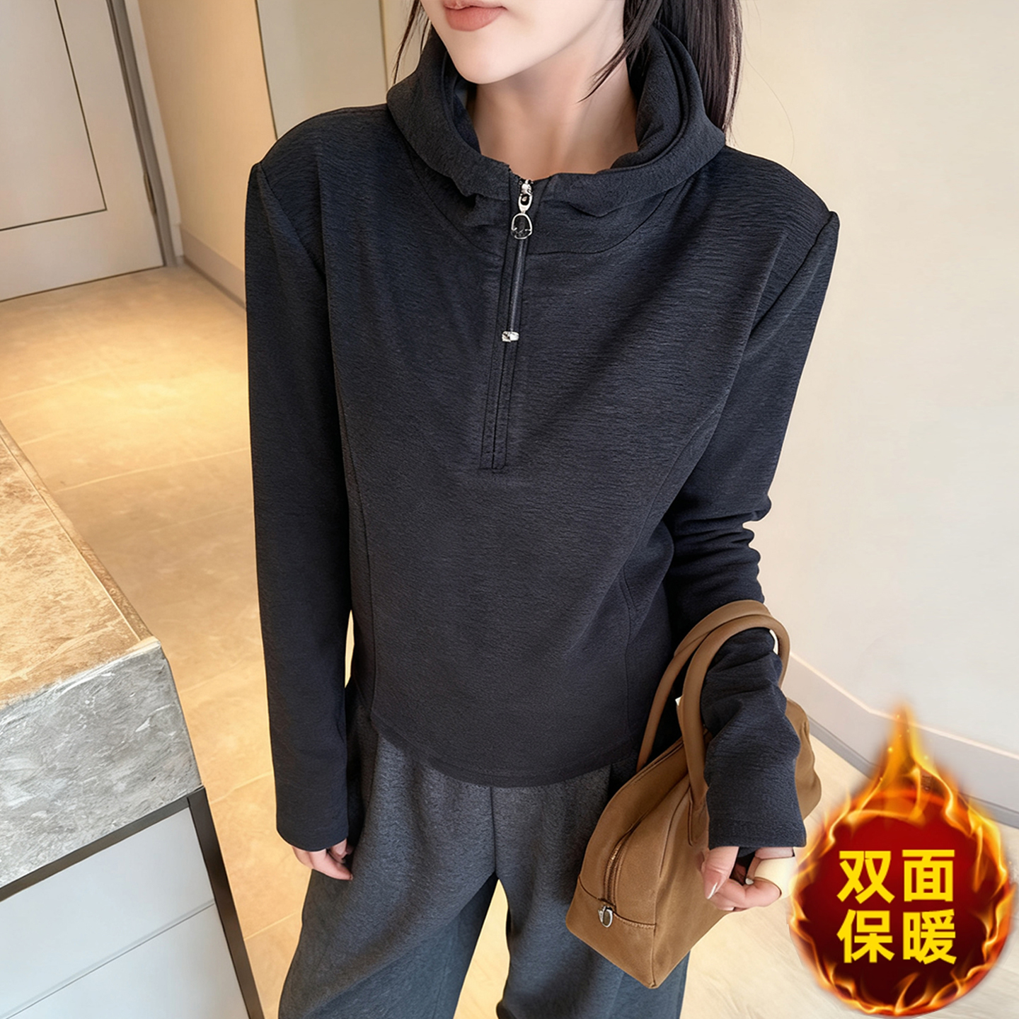 极简风深灰色连帽半拉链长袖女潮
