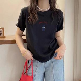 甜酷黑色小猫短袖 t恤女显瘦圆领上衣2025年夏季 新款 纯棉正肩半袖