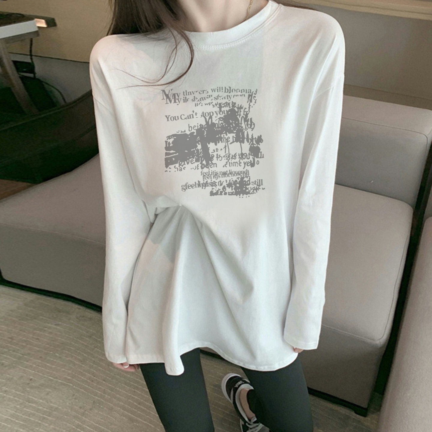 美式字母慵懒风中长款长袖t恤女2025秋季新款纯棉上衣遮臀打底衫