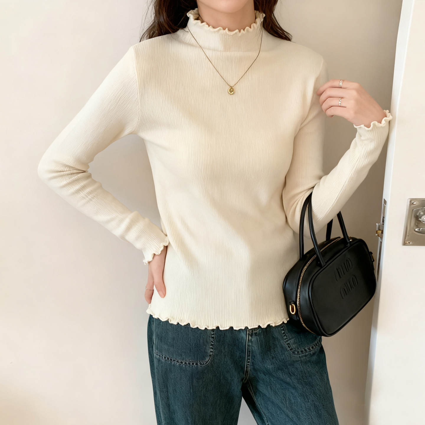 简约纯色木耳边半高领针织衫女