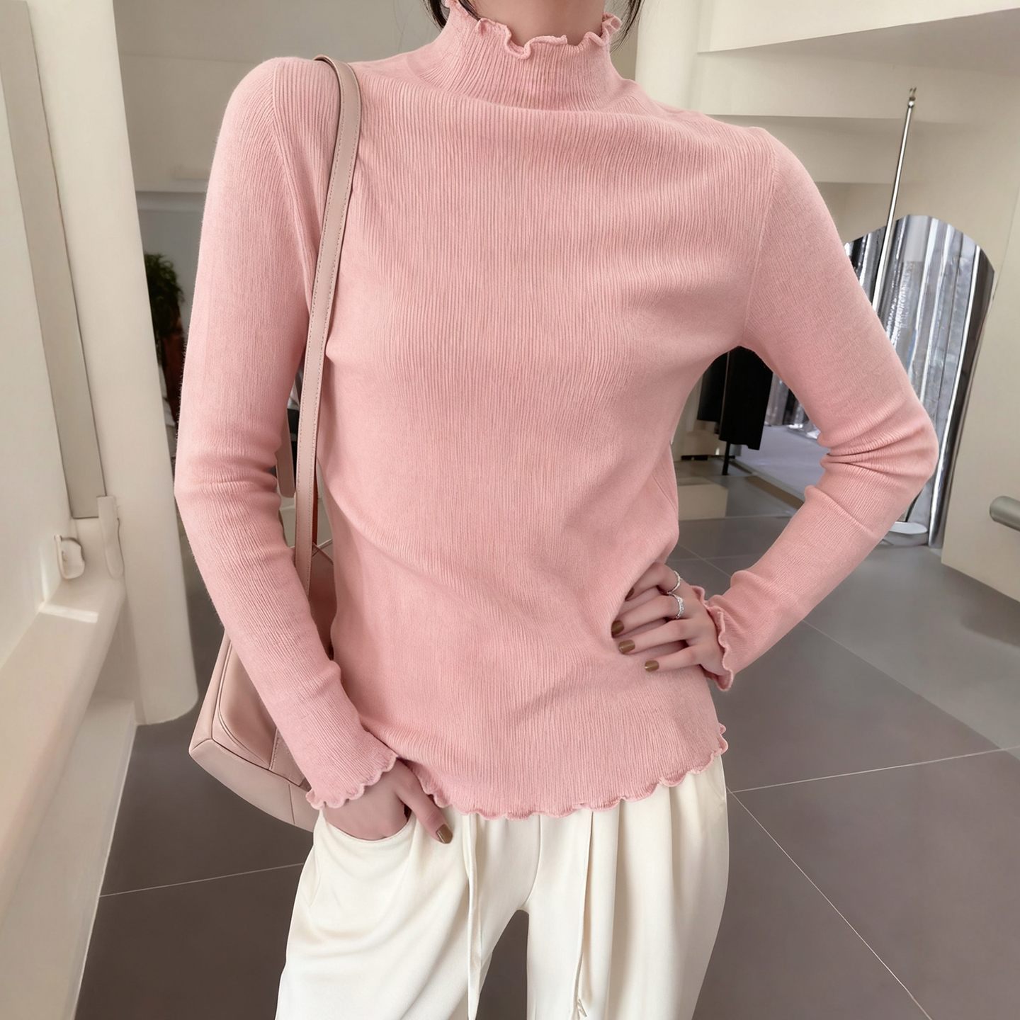 韩系chic半高领木耳边针织打底衫