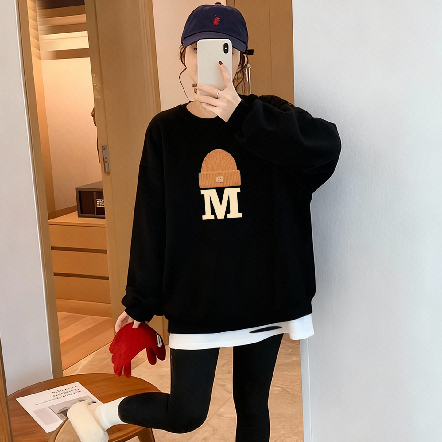 秋冬新款韩系假两件黑色加绒卫衣女士中长款显瘦上衣时尚大版外套