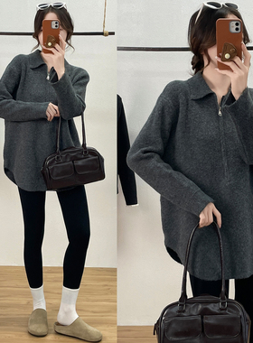 小心机设计感灰色毛衣女秋冬2025爆款中长款针织打底衫宽松内搭潮