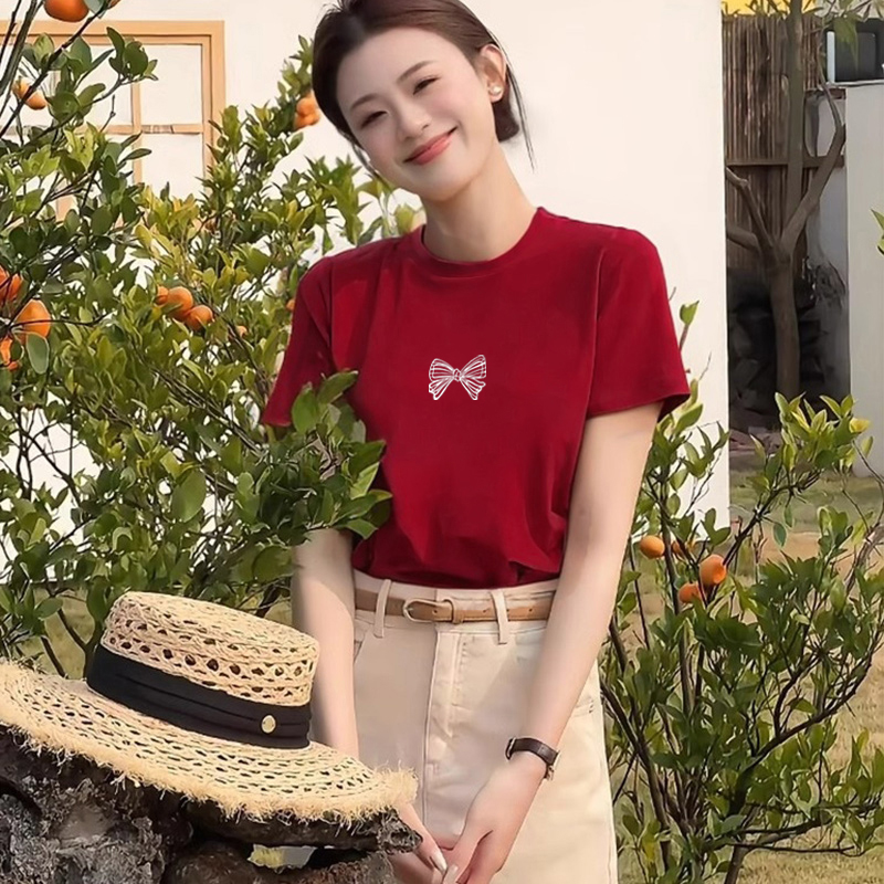 今年流行的爆款红色蝴蝶结短袖t恤女2025夏季新款纯棉宽松上衣潮