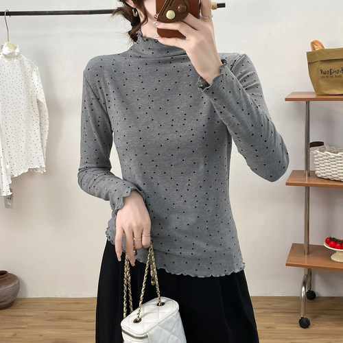 复古风波点灰色半高领长袖T恤女