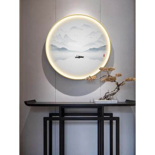 8DWL圆形中式玄关装饰画led发光酒店风景挂画软装入户茶室书