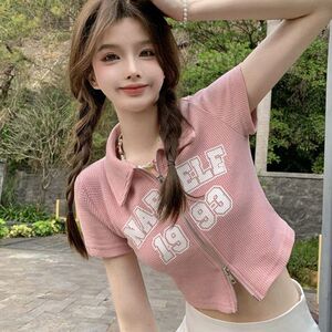 上衣设计感跨境夏季T恤开衫修身显复古拉链【】女短款东南亚字母