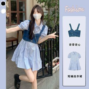 小个子甜辣2025连衣裙泡泡袖女背心衬衣套装夏季牛仔时尚风两件套