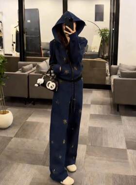 高级感休闲运动套装女2026春秋新款时尚显瘦烫钻连帽卫衣两件套潮