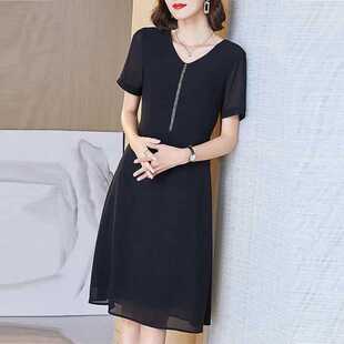 女装 新款 大码 2025夏季 微胖mm显瘦连衣裙V领气质短袖 胖妹妹中长款
