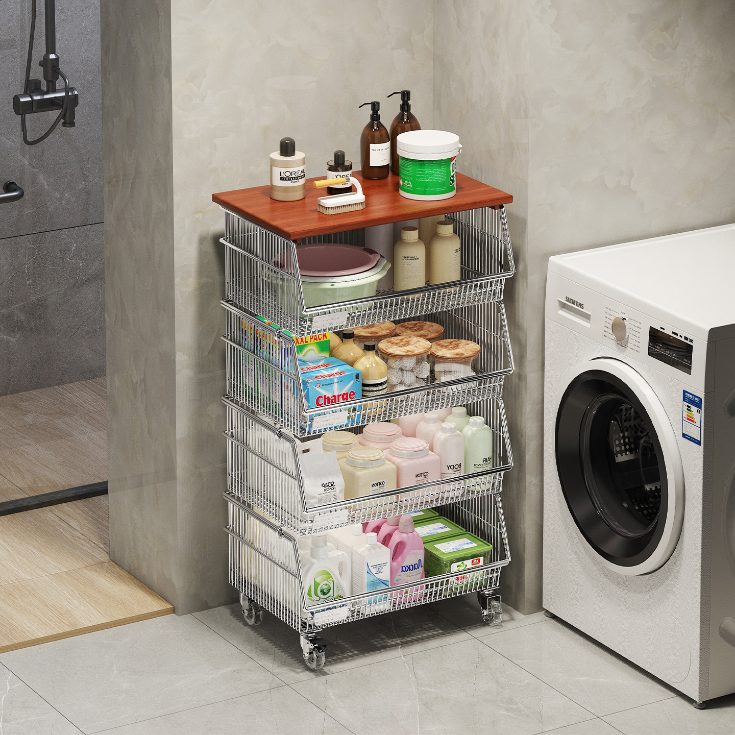 环图304不锈钢卫浴置物架多层落地可移动沥水毛巾洗漱用品收纳架