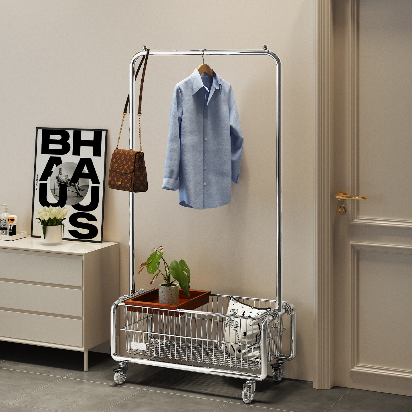 不锈钢落地衣帽架卧室挂衣架房间床边衣柜玄关移动衣服收纳置物架