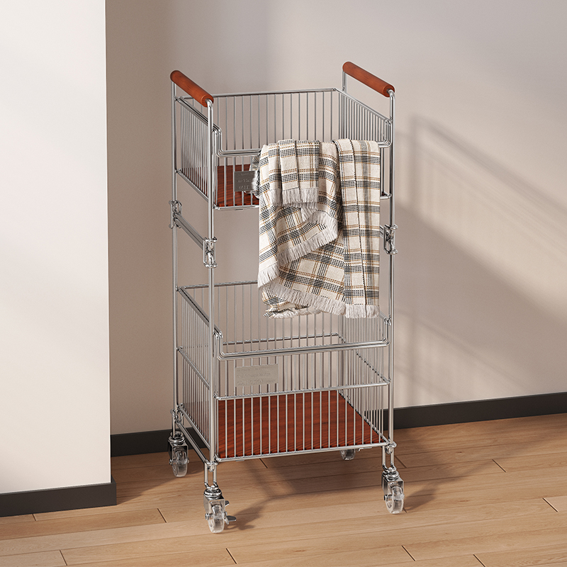日式脏衣篓小推车洗衣篮双层落地带轮脏衣篮置物架家用衣服收纳筐
