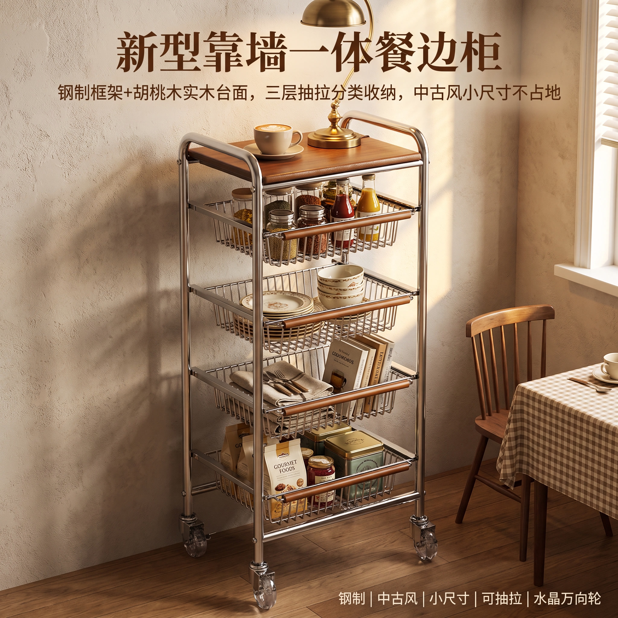 中古风餐边柜靠墙一体小尺寸钢制金属实木落地万向轮置物架推车
