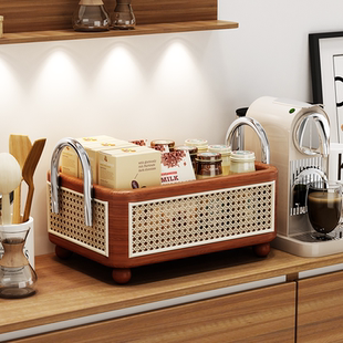 中古风茶具存放盒茶叶咖啡豆茶包收纳架茶水间吧台置物架藤编篮子