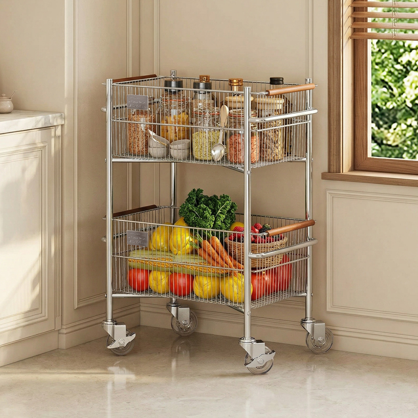 中古风多层客厅移动零食置物架手推车带轮家用厨房果蔬收纳篮子