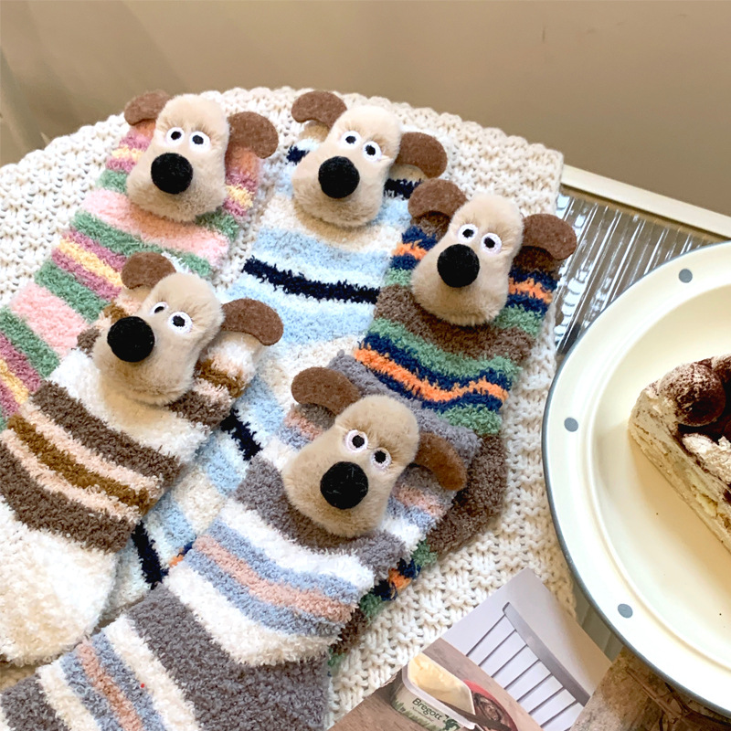 玩偶小熊珊瑚绒袜子秋冬高帮月子袜条纹居家地板袜子睡眠袜诸暨批