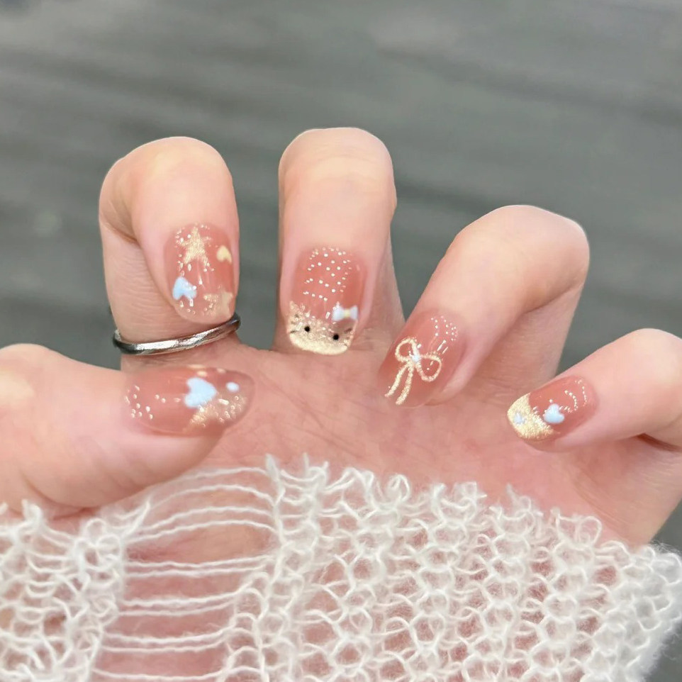 免烤灯】Q104全固化可爱猫咪爱心法式凝胶美甲贴纸指甲贴纸女孩