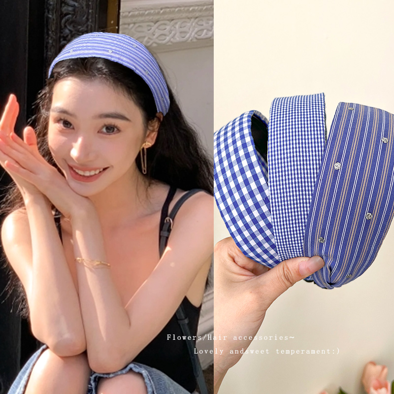蓝色系格纹宽边发箍女日常外带
