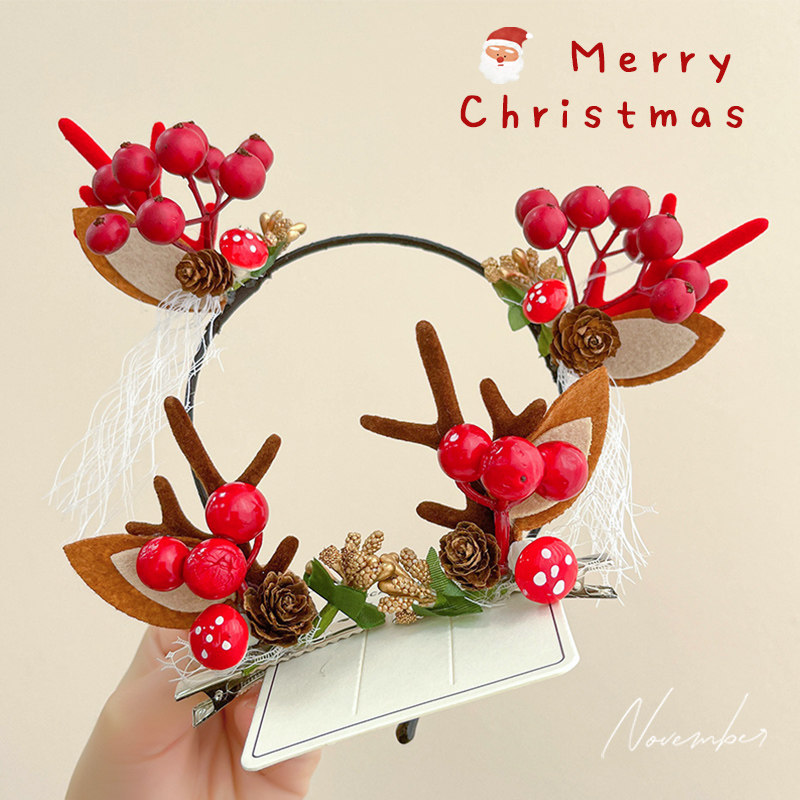 圣诞节头饰鹿角发夹女发卡森系仙美麋鹿头箍夹子发箍配松果饰品