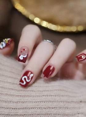 D488假指甲贴片可拆卸穿戴甲喜庆云蛇猫眼30片手工封层光疗美甲红