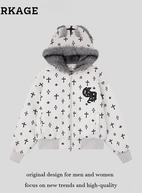复古十字架满印毛绒耳朵连帽夹棉外套男女2025冬季新款保暖情侣潮