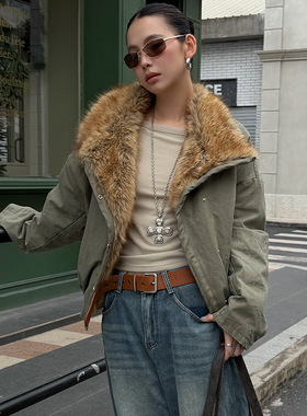 时髦街头复古毛毛大翻领加厚洗水外套25Y595（不可拆卸毛领